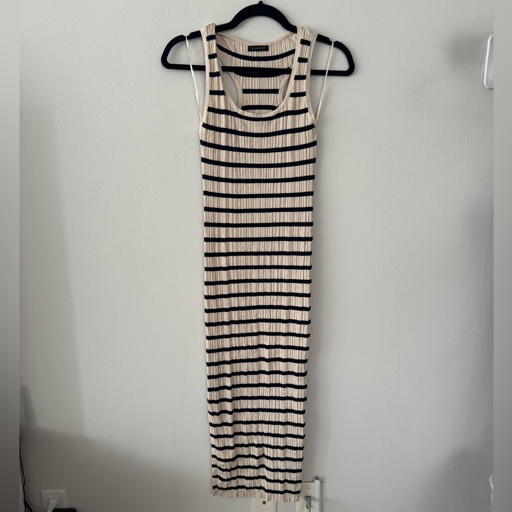 Dynamite Sleeveless Cream and Black Striped Ribbed Midi Dress